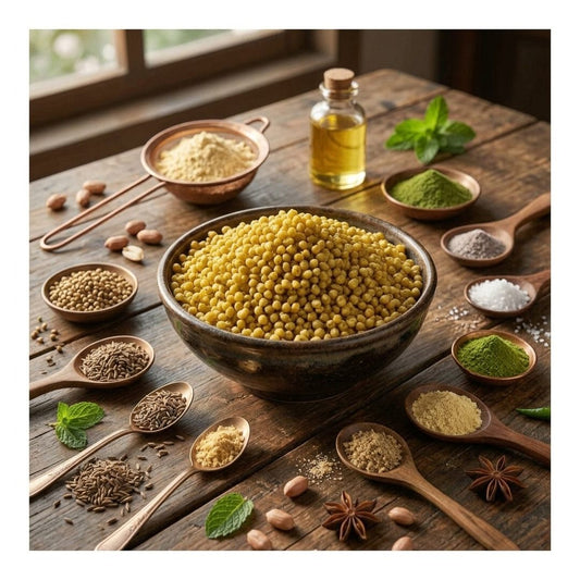 A rustic wooden table styled with a large dark bowl filled with pudina boondi, surrounded by small copper and wooden spoons holding various spices, seeds, herbs, and a bottle of oil.