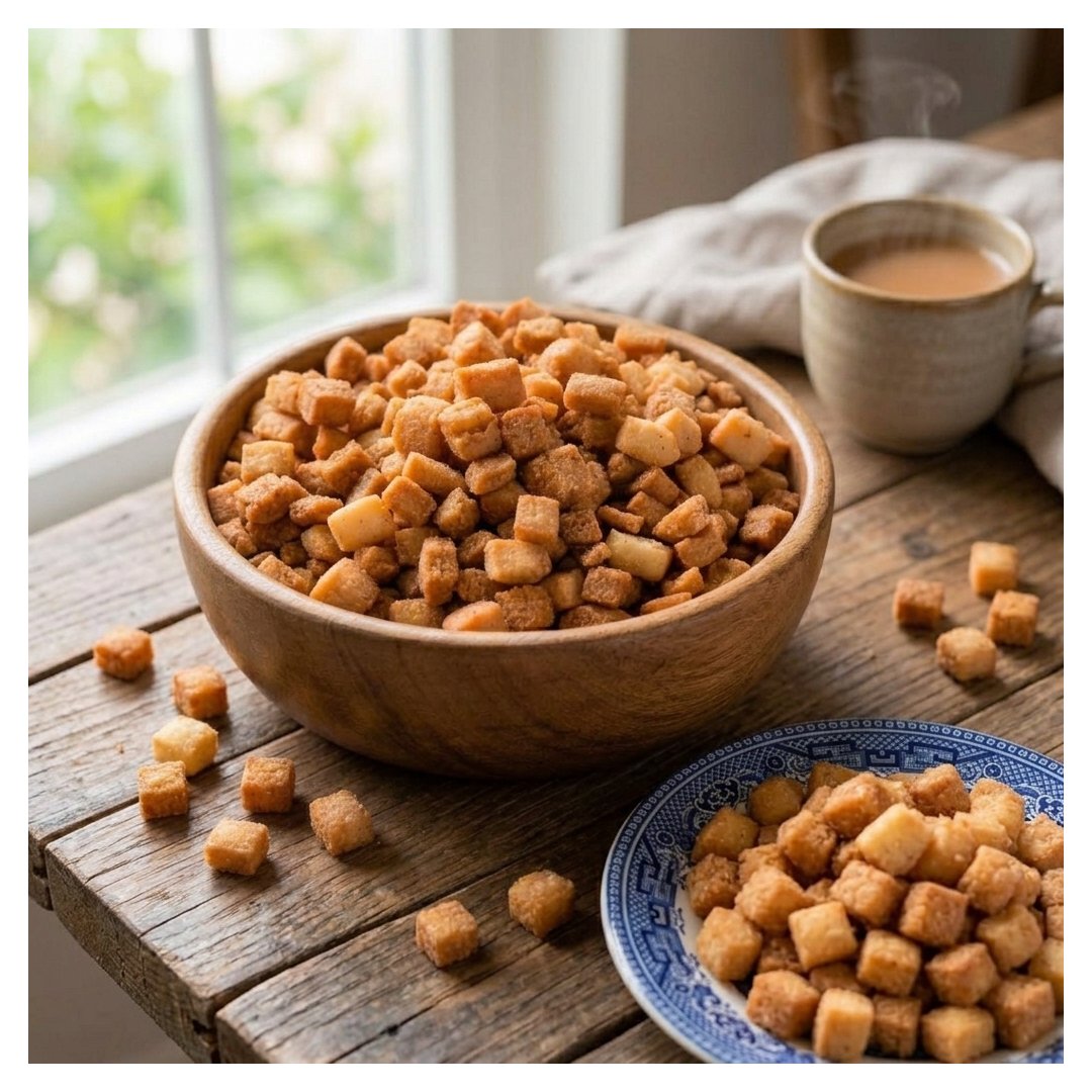 A wooden bowl filled with golden-brown cubed sakkarpara snack pieces sits on a rustic wooden table, with a smaller blue-and-white plate of the same snack pieces and a cup of coffee in the background near a window.