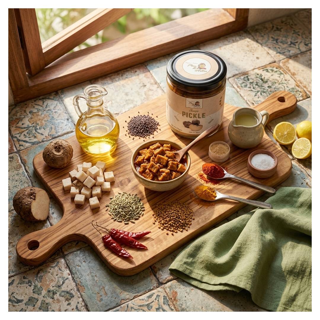 A styled overhead scene of a wooden cutting board with a jar labeled Suran Pickle, surrounded by ingredients including diced white vegetables, red chilies, seeds, spices, a small pitcher, oil, and lemon halves on a tiled surface near a window.