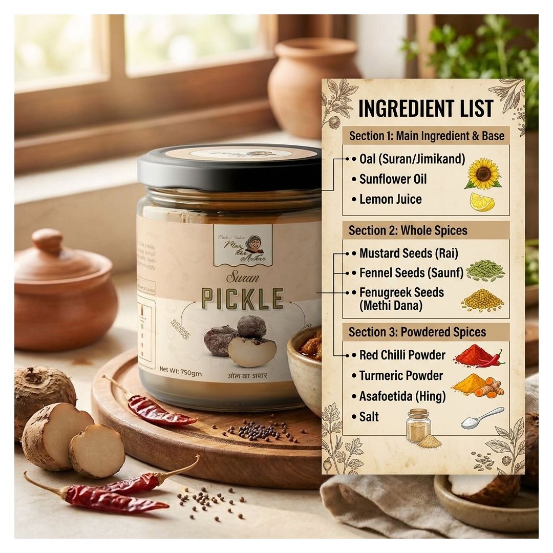 A glass jar of Suran Pickle with a black lid and cream label sits on a wooden board in a warm kitchen setting. A large ingredient list graphic is overlaid on the right side, listing ingredients like sunflower oil, lemon juice, mustard seeds, fennel seeds, red chili powder, turmeric powder, asafoetida, and salt.