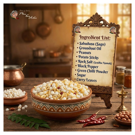 A styled tabletop scene showing a bowl of mixed roasted peanuts and potato chips in a decorative ceramic bowl, with a small sign listing ingredients including Sabudana (sago), groundnut oil, peanuts, potato sticks, rock salt, black pepper, green chili powder, sugar, and curry leaves. A blurred kitchen setting appears in the background, and the brand name 'Menchu Menchu' is visible in the top left.