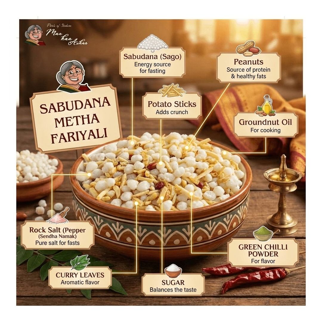 A styled product Sabudana Metha Fariyalii snack mix in a decorative bowl, surrounded by ingredient callouts on a warm wooden background. Visible text includes Sabudana Metha Fariyalii, potatoes, peanuts, groundnut oil, rock salt, curry leaves, sugar, and green chili powder.