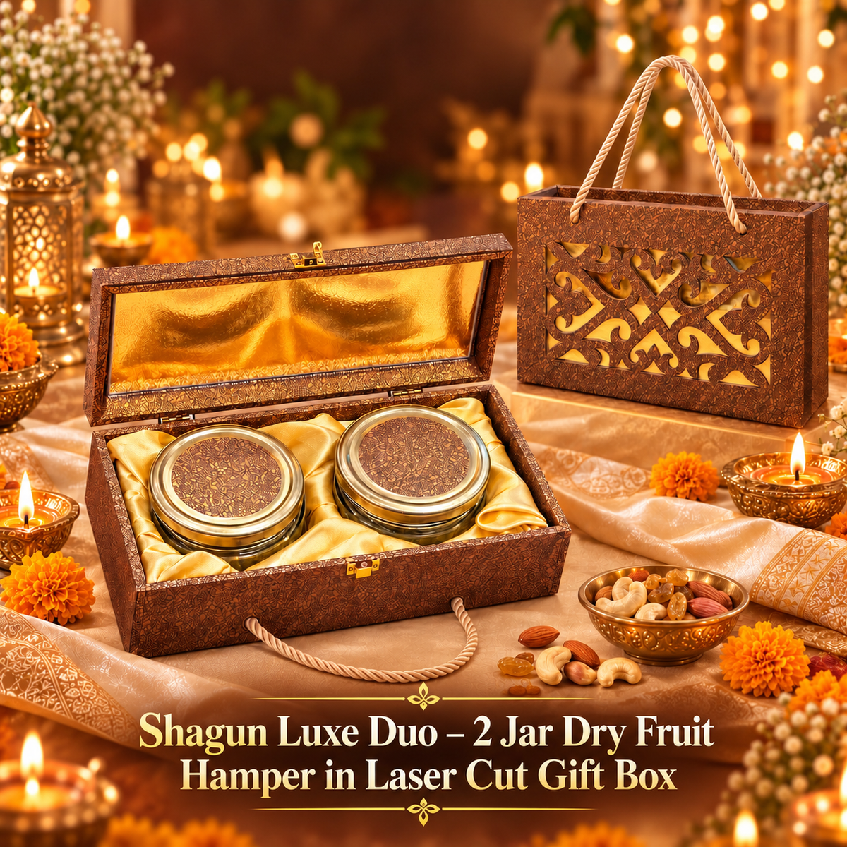 Shagun Luxe Duo – 2 Jar Dry Fruit Hamper in Laser Cut Gift Box, 300 g