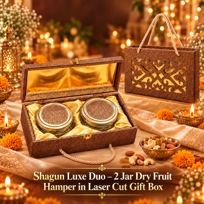 Shagun Luxe Duo – 2 Jar Dry Fruit Hamper in Laser Cut Gift Box, 300 g