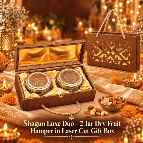 Shagun Luxe Duo – 2 Jar Dry Fruit Hamper in Laser Cut Gift Box, 300 g
