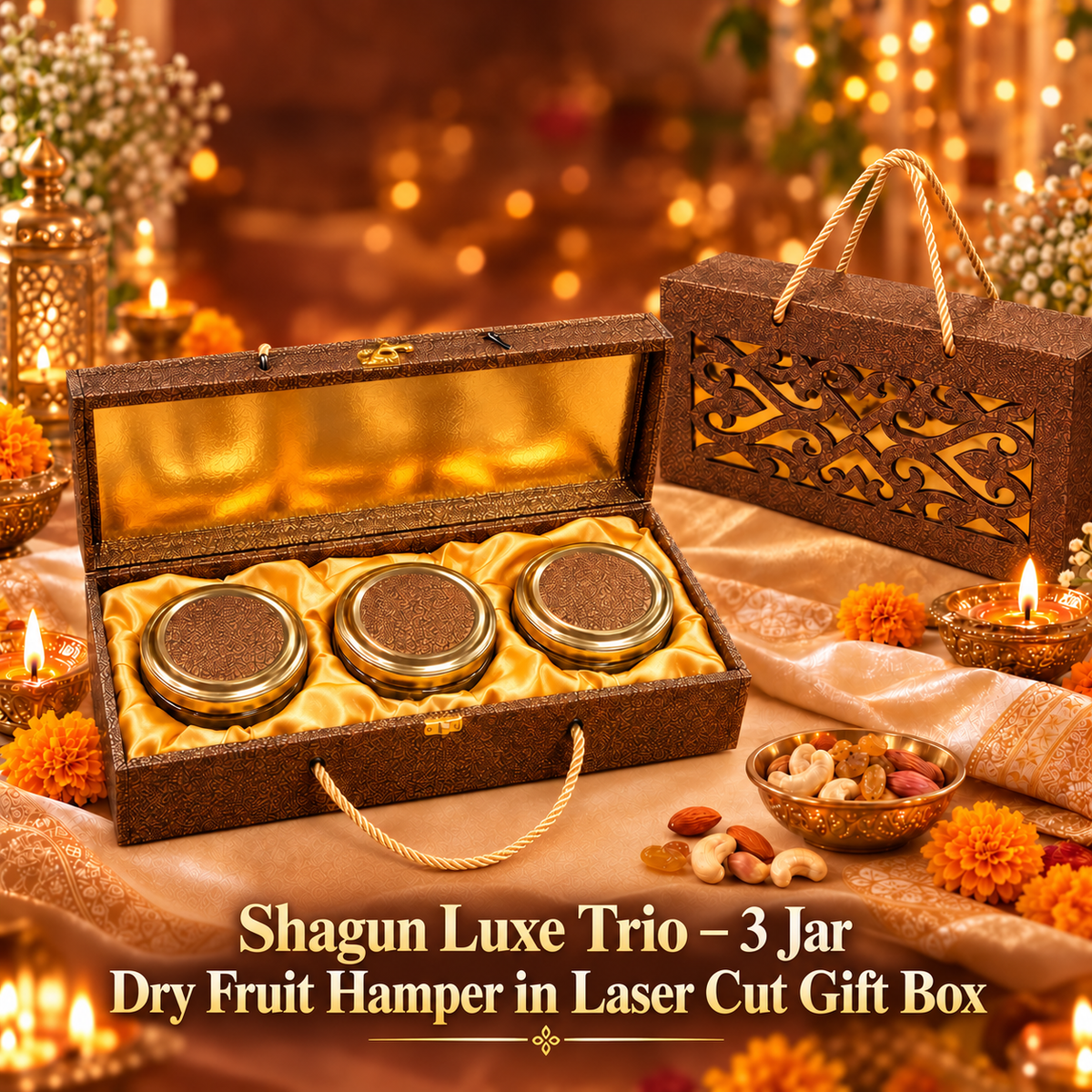 Shagun Luxe Trio – 3 Jar Dry Fruit Hamper in Laser Cut Gift Box, 450 g