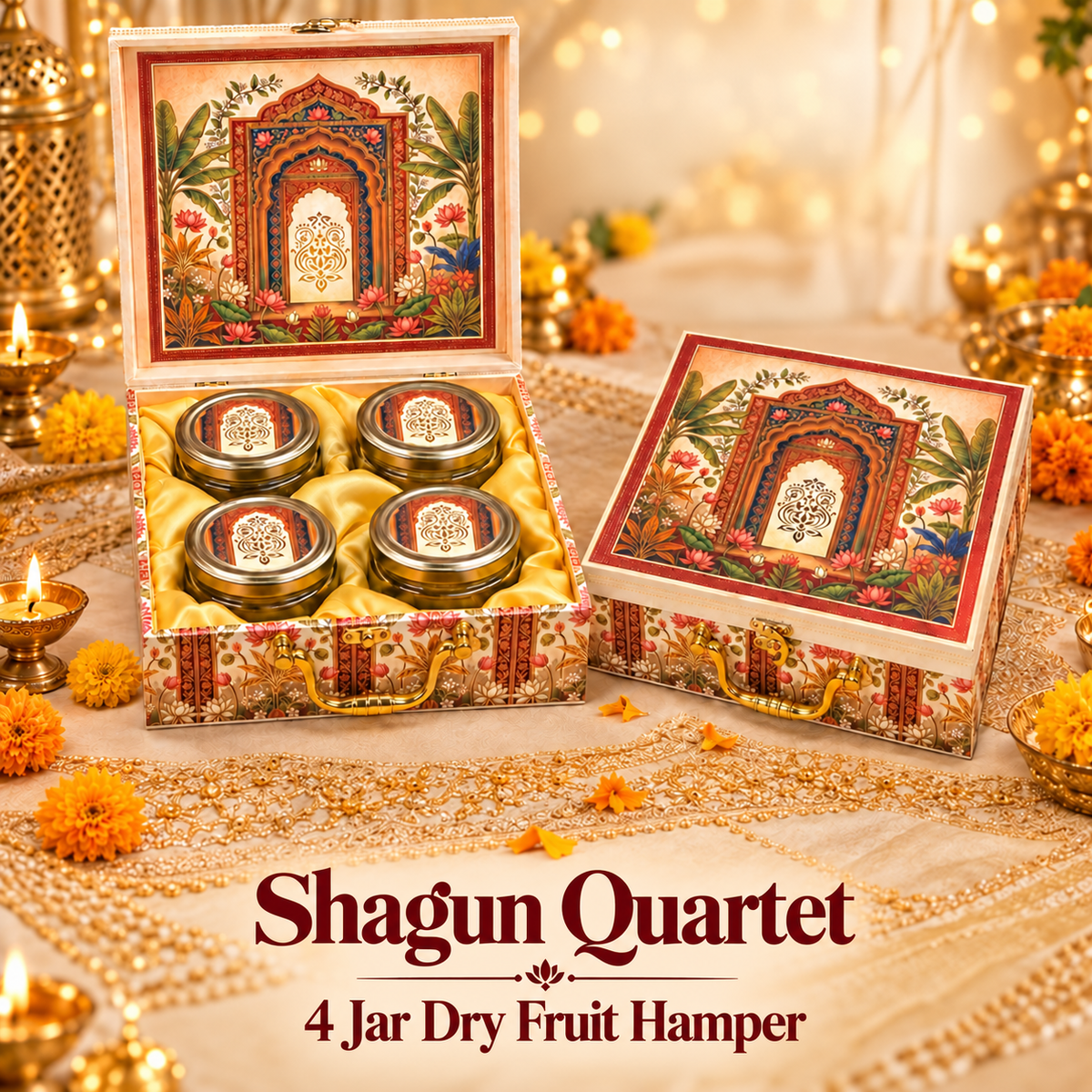Shagun Quartet – 4 Jar Dry Fruit Hamper in Printed Gift Box