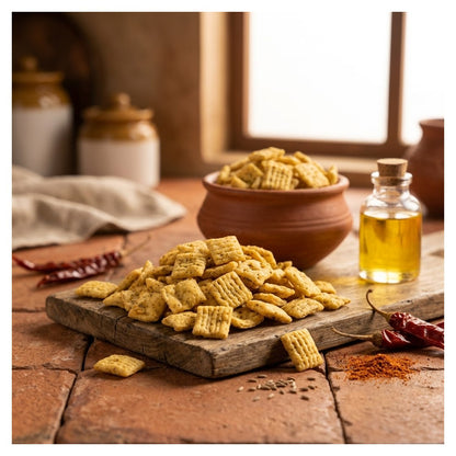 A styled food scene showing a pile of square golden-brown papdi on a wooden board, with a terracotta bowl and small glass bottle of oil in the background, plus dried red chilies and spices on a rustic table.