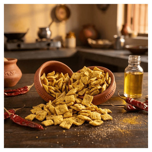 Homemade Indian namkeen snacks in clay bowl with red chilies and spices, traditional recipe, no preservatives