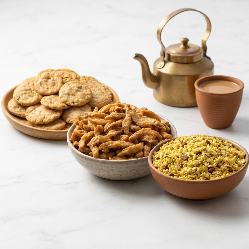A styled food scene on a light marble surface showing a plate of round cookies, a bowl of fried snack pieces, a bowl of yellow-green crushed snack mixture, and a small terracotta cup beside a brass teapot.