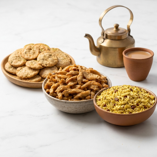 A styled food scene on a light marble surface showing a plate of round cookies, a bowl of fried snack pieces, a bowl of yellow-green crushed snack mixture, and a small terracotta cup beside a brass teapot.