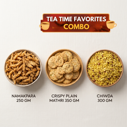 Three bowls of tea time favorites snacks on a light background under a banner reading 'TEA TIME FAVORITES COMBO'. The bowls contain Namakpara 250 GM, Crispy Plain Mathri 350 GM, and Chiwda 300 GM.