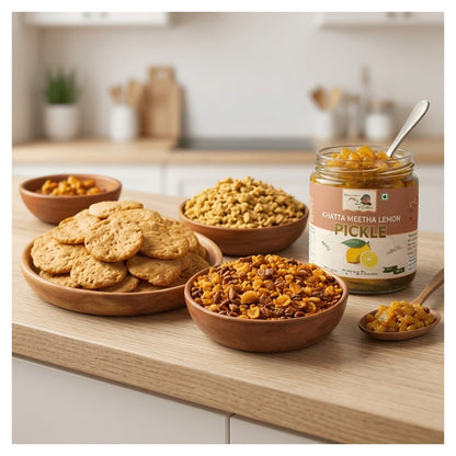 A jar of Khatta Meetha Lemon Pickle displayed on a light wood countertop with bowls of cookies and pickled snacks in a softly blurred kitchen setting.