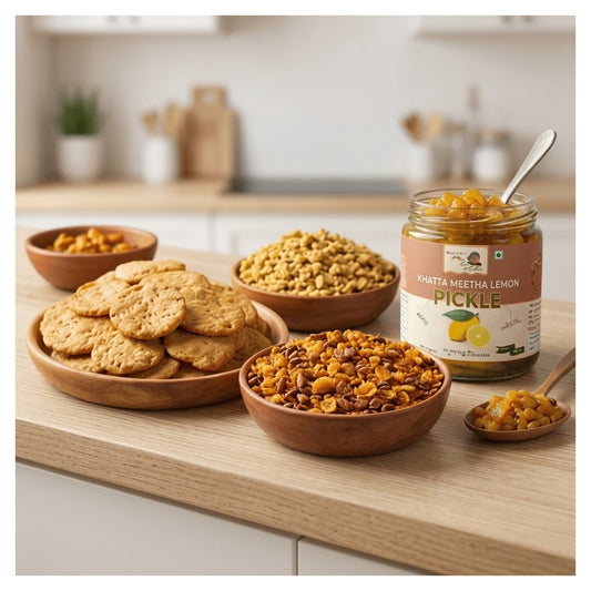 A jar of Khatta Meetha Lemon Pickle displayed on a light wood countertop with bowls of cookies and pickled snacks in a softly blurred kitchen setting.