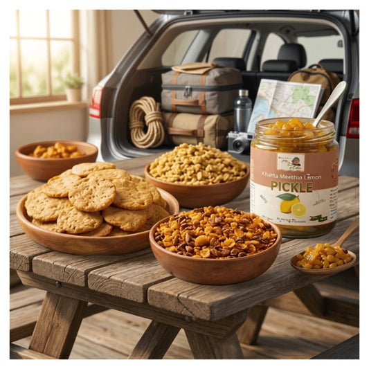 A jar of Khatta Meethi Lemon Pickle displayed on a rustic wooden picnic table, surrounded by bowls of cookies, crackers, and pickled vegetables, with an open car trunk and camping gear in the background.