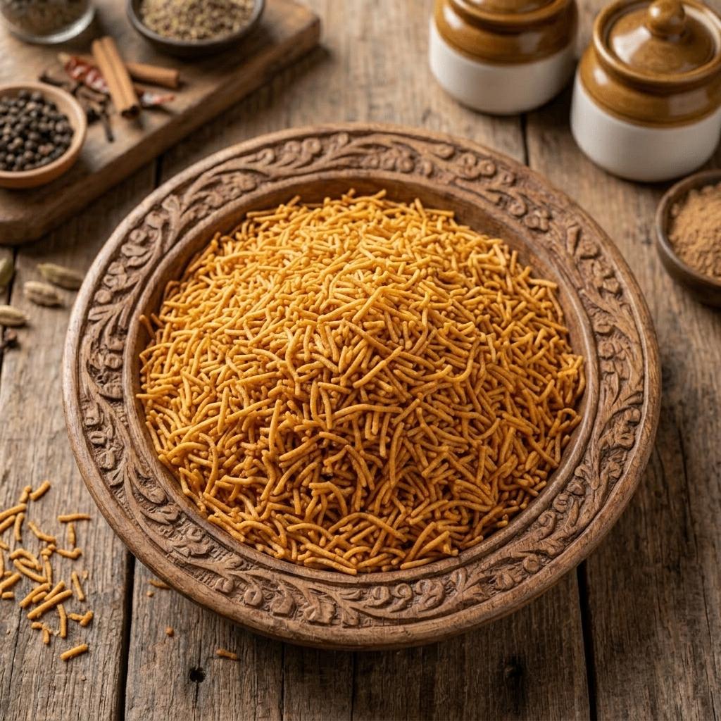 Aloo bhujia heaped on carved wooden plate with black pepper, cinnamon and ceramic jars