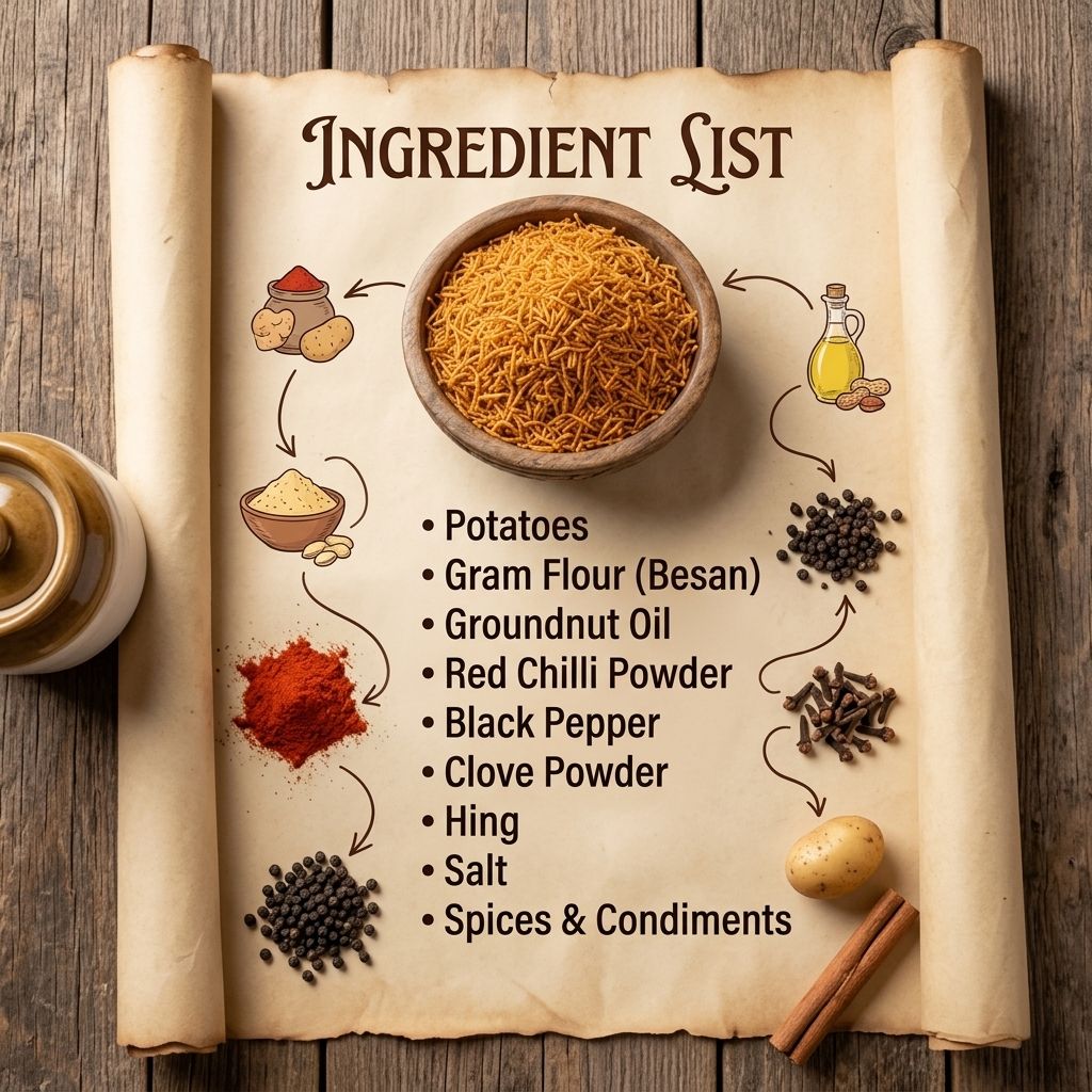 aloo bhujia ingredient scroll listing potatoes, gram flour, oil, chilli powder, pepper, clove, hing, salt
