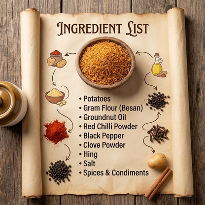 aloo bhujia ingredient scroll listing potatoes, gram flour, oil, chilli powder, pepper, clove, hing, salt