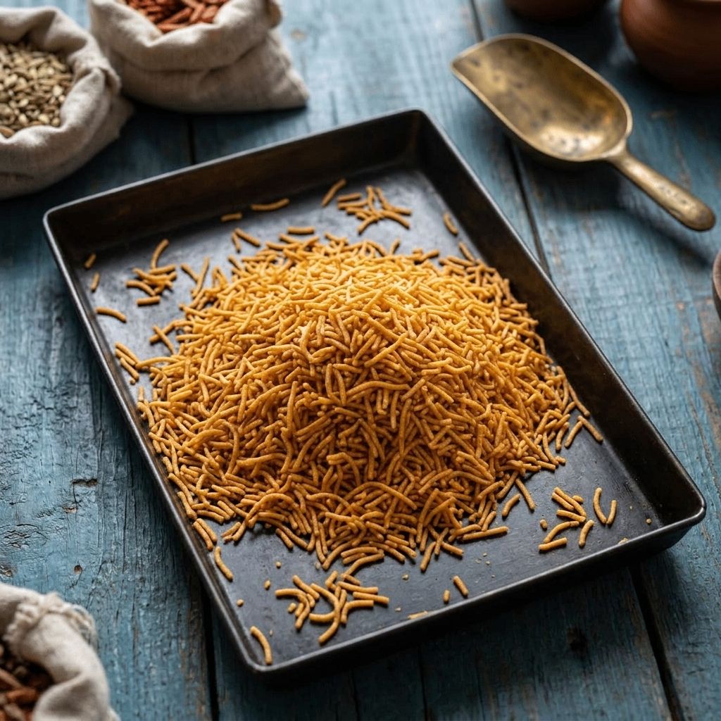 aloo bhujia Sev on rustic metal tray with brass scoop and burlap sacks of spices on blue wood table