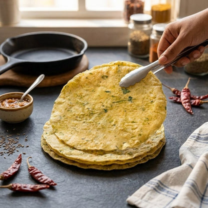 Stack of homemade aloo papad being served with a bowl of pickle, dry red chillies, and a cast iron pan in the background