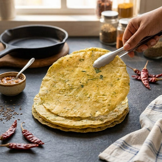 Stack of homemade aloo papad being served with a bowl of pickle, dry red chillies, and a cast iron pan in the background