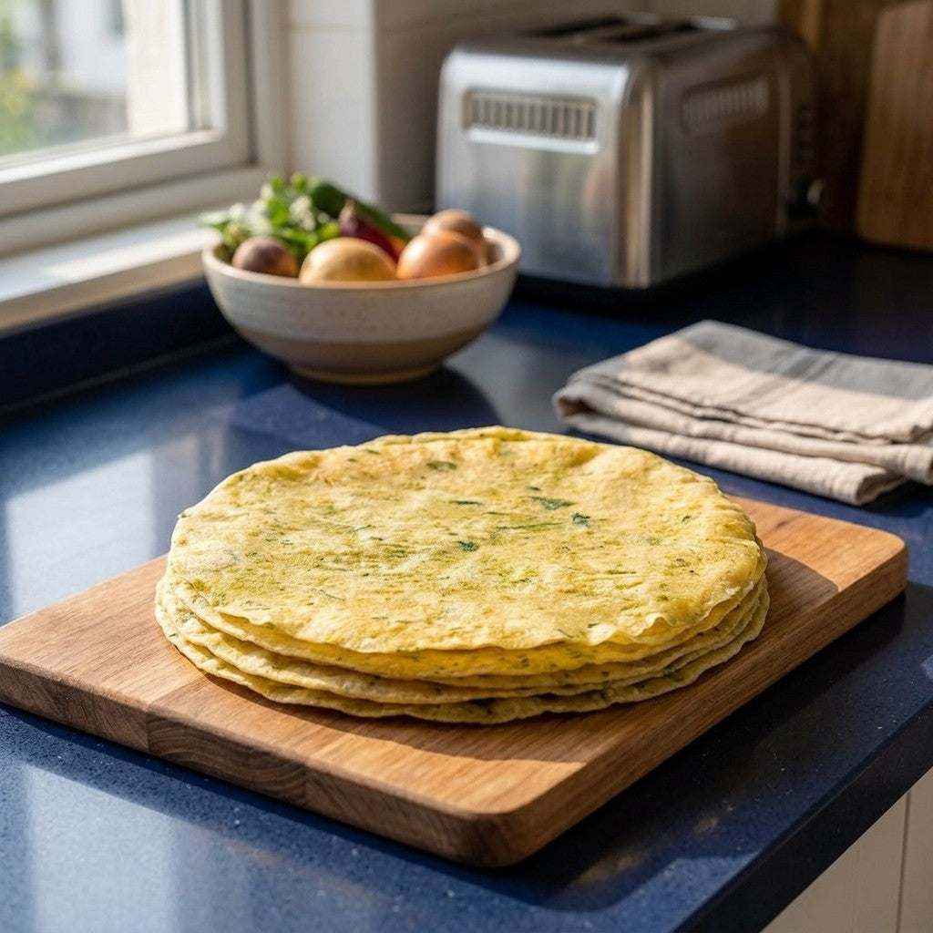 Stack of homemade aloo papad on a wooden board on a kitchen counter, with a bowl of fresh vegetables and a toaster in the background
