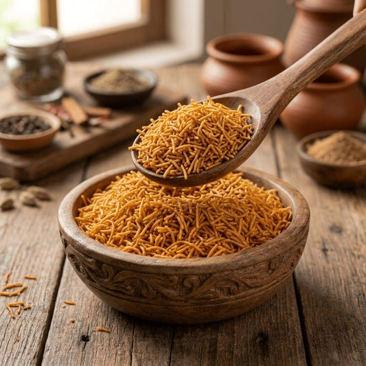 Sev being spooned from carved wooden bowl with spices and clay pots in background