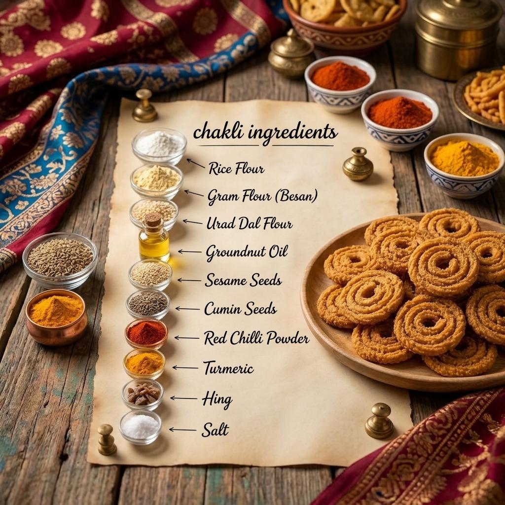 Chakli ingredients - rice flour, besan, urad dal flour, groundnut oil, sesame, cumin, spices