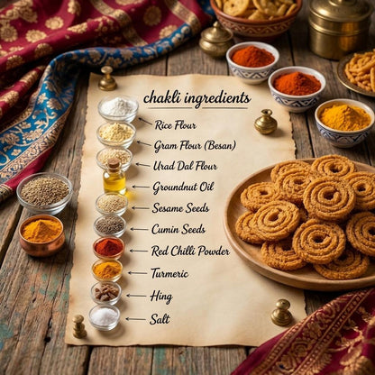 Chakli ingredients - rice flour, besan, urad dal flour, groundnut oil, sesame, cumin, spices