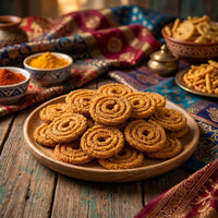 Chakli murukku on wooden plate with spices and traditional saree fabric backdrop