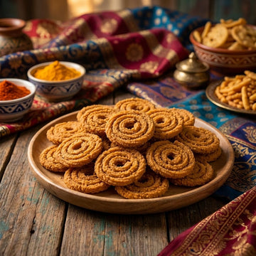 Chakli murukku on wooden plate with spices and traditional saree fabric backdrop