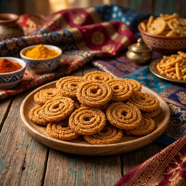 Chakli murukku on wooden plate with spices and traditional saree fabric backdrop