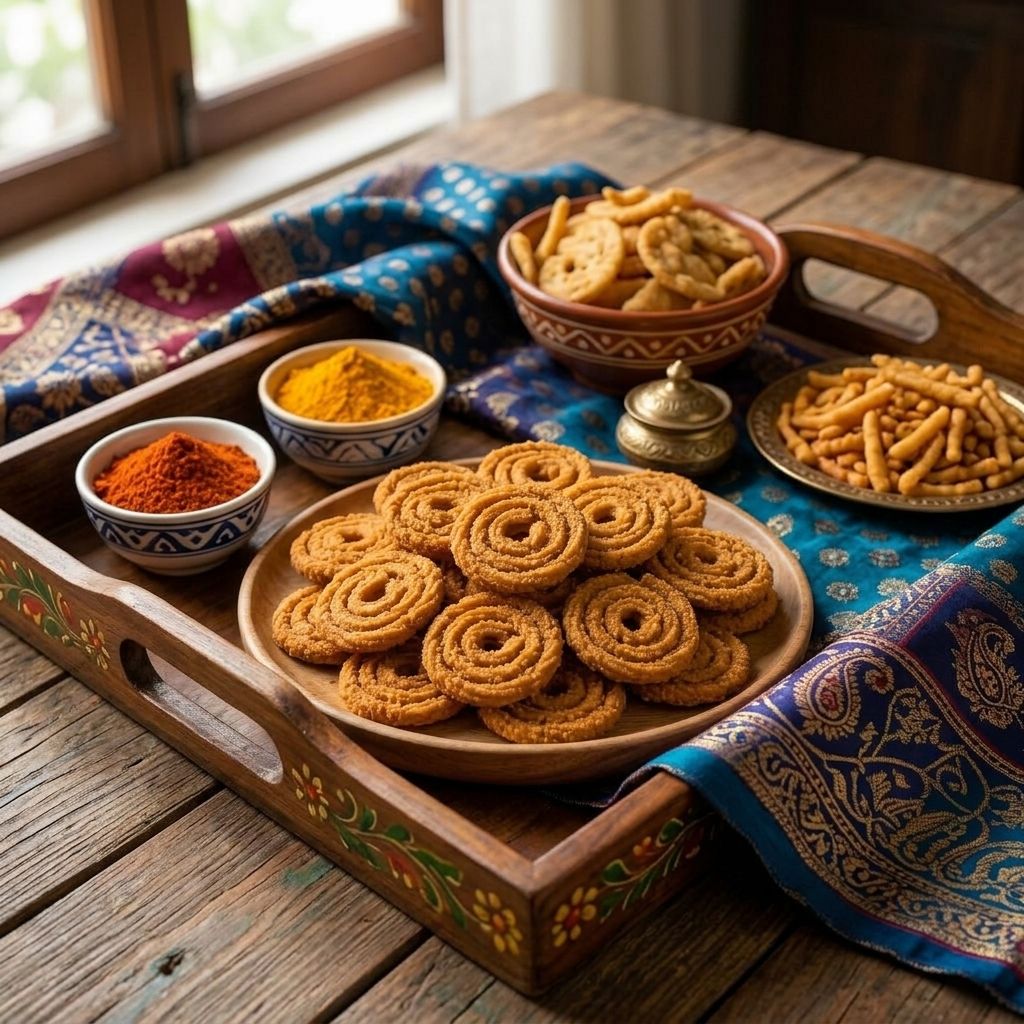 Chakli on hand-painted wooden tray with mathri, sev, turmeric and paisley silk fabric