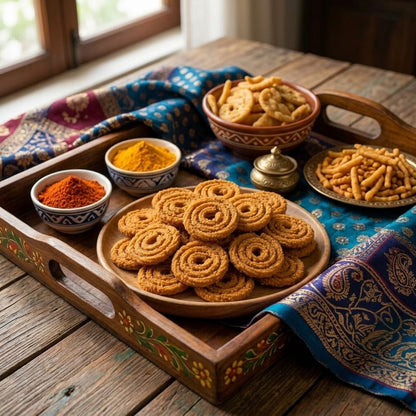Chakli on hand-painted wooden tray with mathri, sev, turmeric and paisley silk fabric