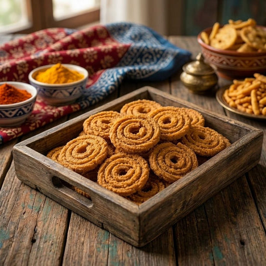 Chakli in wooden crate with turmeric, chilli powder bowls and block-print fabric