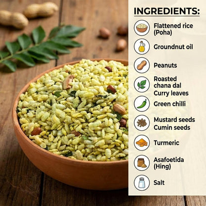 Chiwda poha mix ingredients - flattened rice, peanuts, curry leaves, spices in wooden bowl