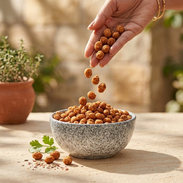 Hand dropping roasted masala peanuts into speckled ceramic bowl outdoors