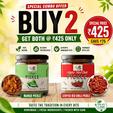 "Spicy and tangy combo pack - Mango Pickle and Red Chilli Pickle pack of 2 by Maa Kaa Achar"