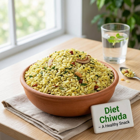 Diet Chiwda - healthy roasted poha snack mix with peanuts, curry leaves, cashews, and light spices, served in a clay bowl, a low-oil Indian namkeen alternative