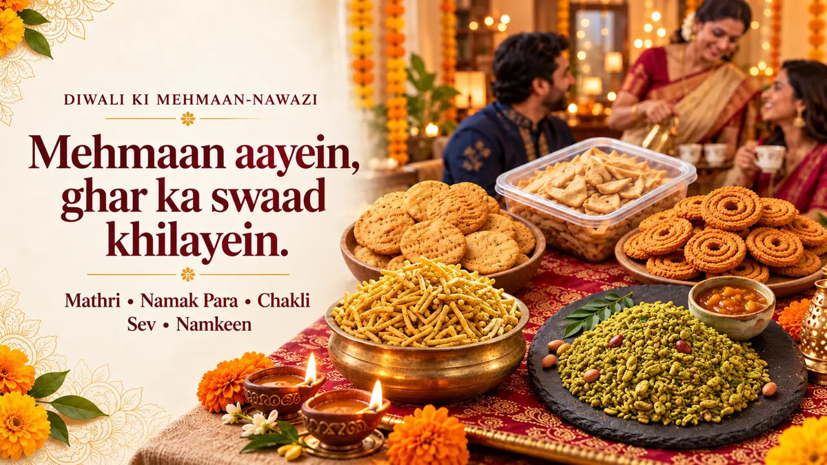 Diwali guests enjoying chai with a festive spread of mathri, namak para, chakli, sev and namkeen.