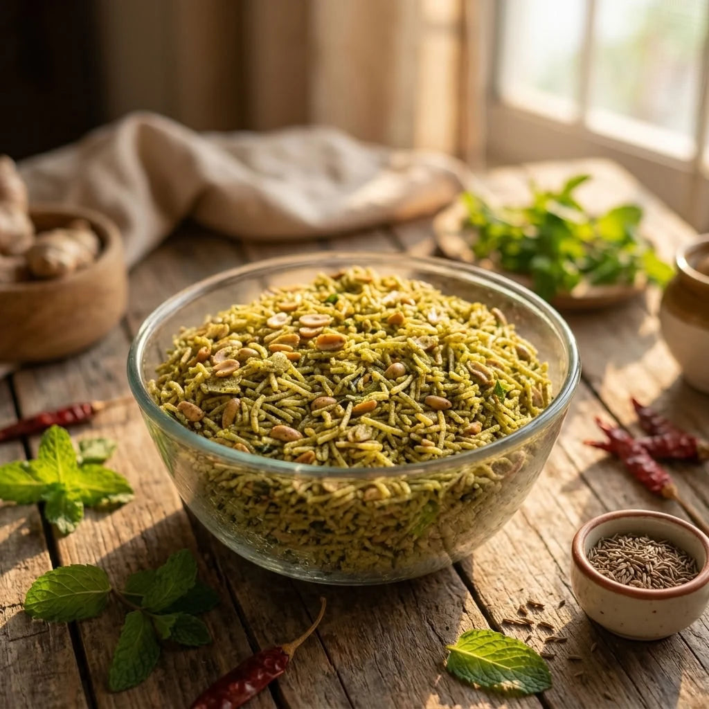 Fariyali mixture with green-seasoned crunchy sticks and peanuts, served in a glass bowl.