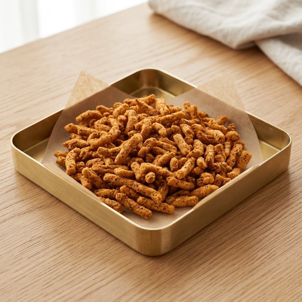 Fulwadi - crispy spiced Indian namkeen snack served in a gold tray lined with parchment paper, a traditional Gujarati fried snack