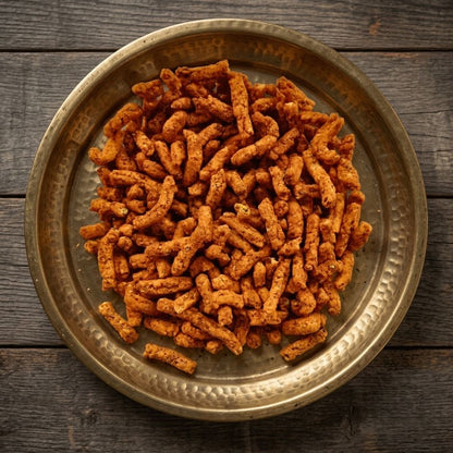 Fulwadi - crispy spiced Indian namkeen snack served on a traditional brass thali, top-down view of a Gujarati fried lentil snack