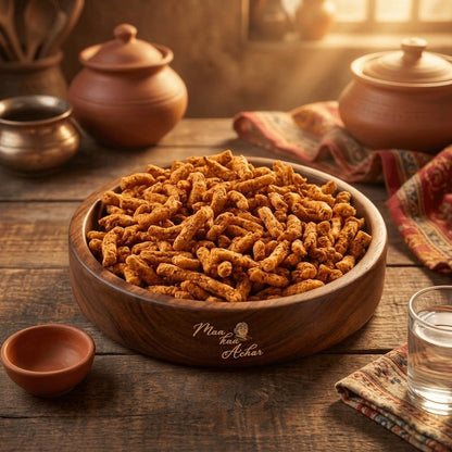 Fulwadi - crispy spiced Indian namkeen snack served in a wooden bowl by Maa Kaa Achar, with clay pots, a brass tumbler, and traditional Rajasthani decor in the background