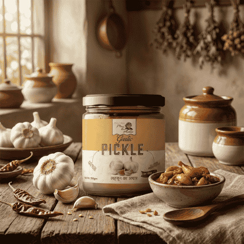 garlic pickle spicy lehsun achar homemade Maa Kaa Achar traditional Indian