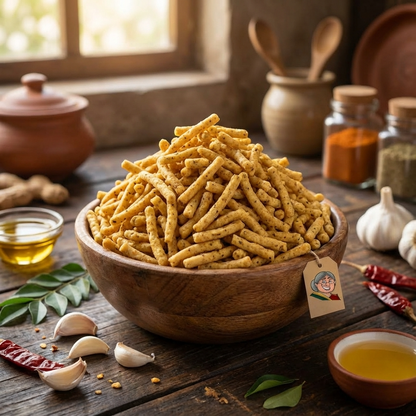 garlic sev crispy lehsun flavored namkeen Maa Kaa Achar spicy Indian snack