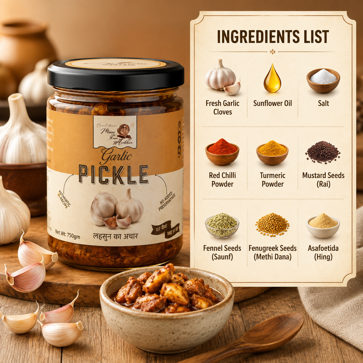A jar of garlic pickle displayed on a wooden surface with garlic cloves, a bowl of pickle, and an ingredients list panel showing fresh garlic cloves, sunflower oil, salt, red chili powder, turmeric, mustard seeds, fennel seeds, fenugreek seeds, and asafoetida.