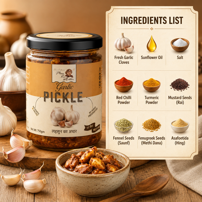 A jar of garlic pickle displayed on a wooden surface with garlic cloves, a bowl of pickle, and an ingredients list panel showing fresh garlic cloves, sunflower oil, salt, red chili powder, turmeric, mustard seeds, fennel seeds, fenugreek seeds, and asafoetida.