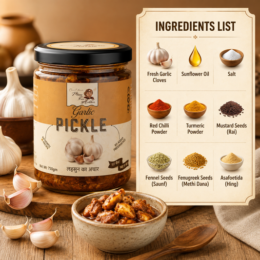 A jar of garlic pickle displayed on a wooden surface with garlic cloves, a bowl of pickle, and an ingredients list panel showing fresh garlic cloves, sunflower oil, salt, red chili powder, turmeric, mustard seeds, fennel seeds, fenugreek seeds, and asafoetida.