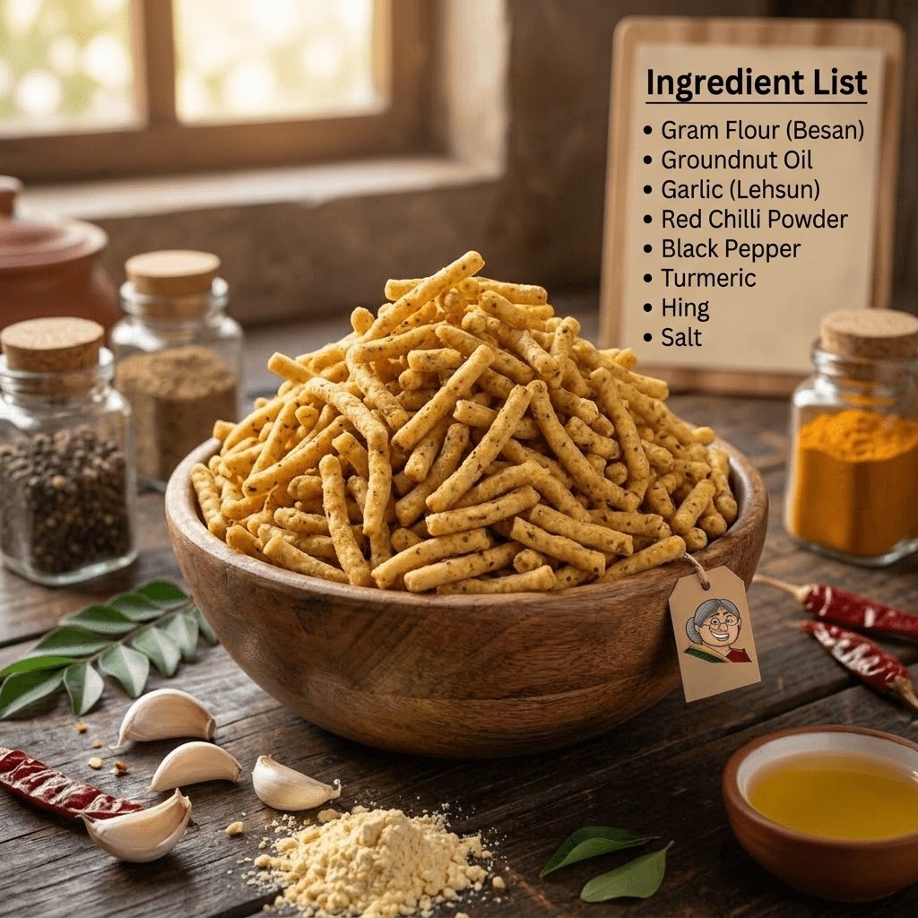 Garlic Sev ingredient list - made with gram flour, groundnut oil, garlic, red chilli powder, black pepper, turmeric, hing, and salt, shown with a bowl of crispy garlic sev snack